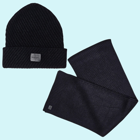 BUNDLE All Saints Black Wool Blend Beanie Hat Scarf Set